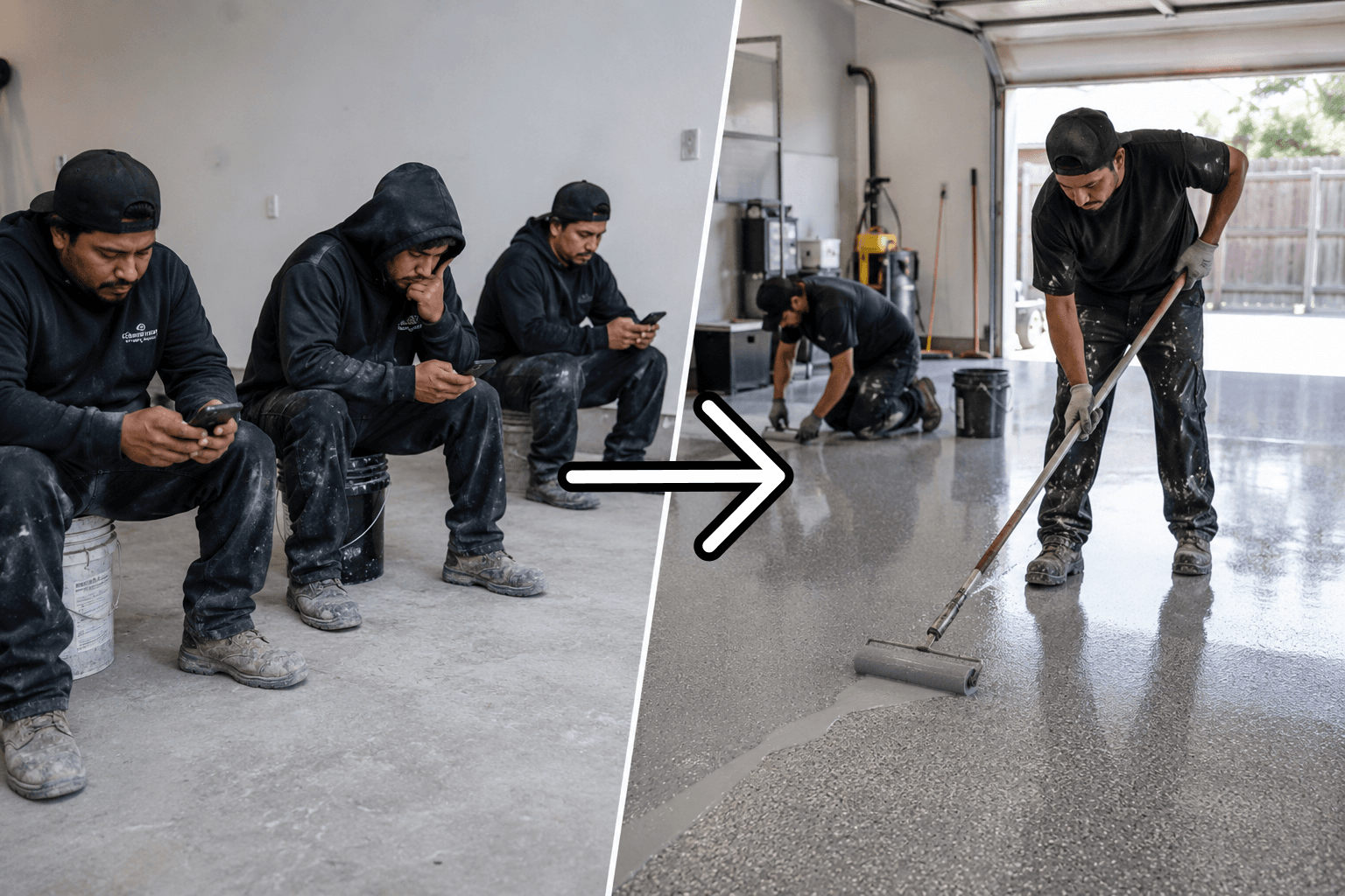 Idle epoxy crew before vs busy crew installing premium garage floor